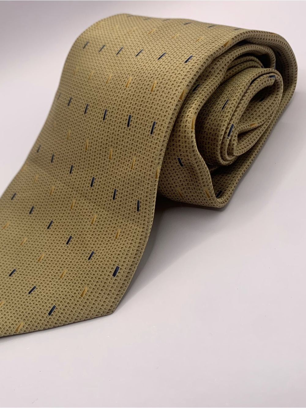 Nautica Olive-Tan Tie with Navy & Gold Dash Pattern